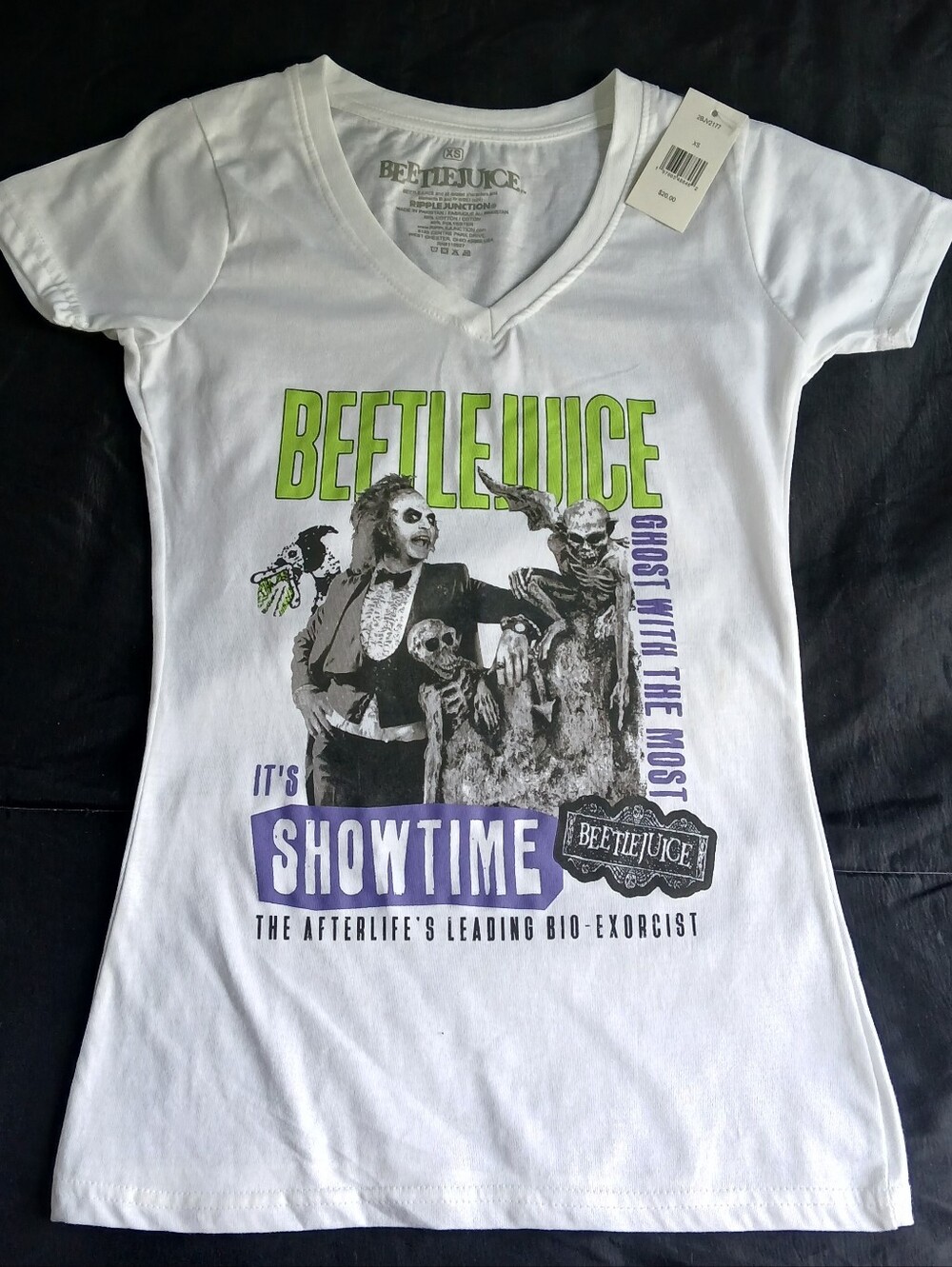 Ripple Junction Beetlejuice "Ghost With The Most" graphic V-neck t-shirt
